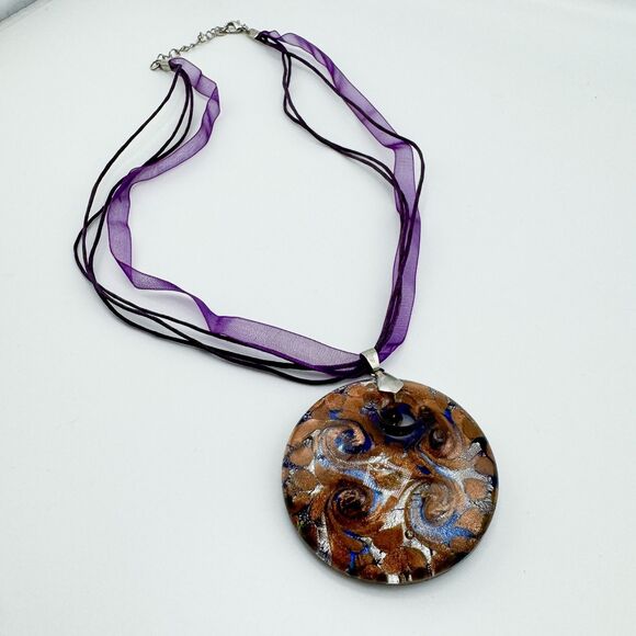 Vintage Murano Blue Glass Swirl Pendant 18K Gold Foil with 18 KGP Boho Retro - Picture 4 of 7